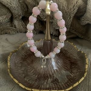 Pink Rose Quartz Breast Cancer Awareness Bracelet w/ “HOPE” Ribbon